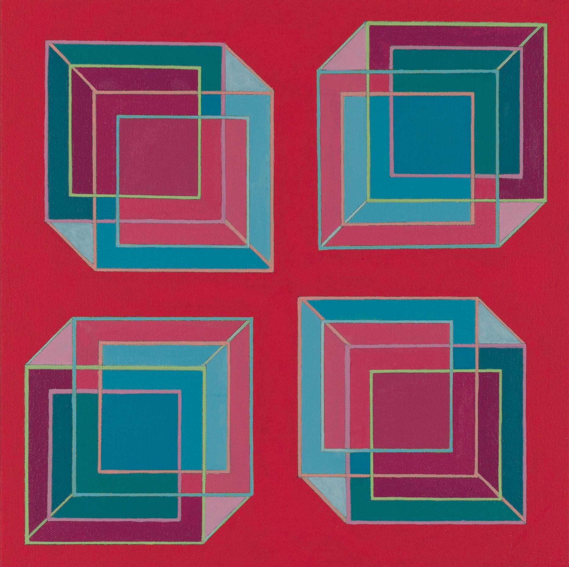 Abstract Painting di Benjamin Weaver - Cubi inversi #4: quadro geometrico astratto Pop Art Op Art con verde, blu e rosso