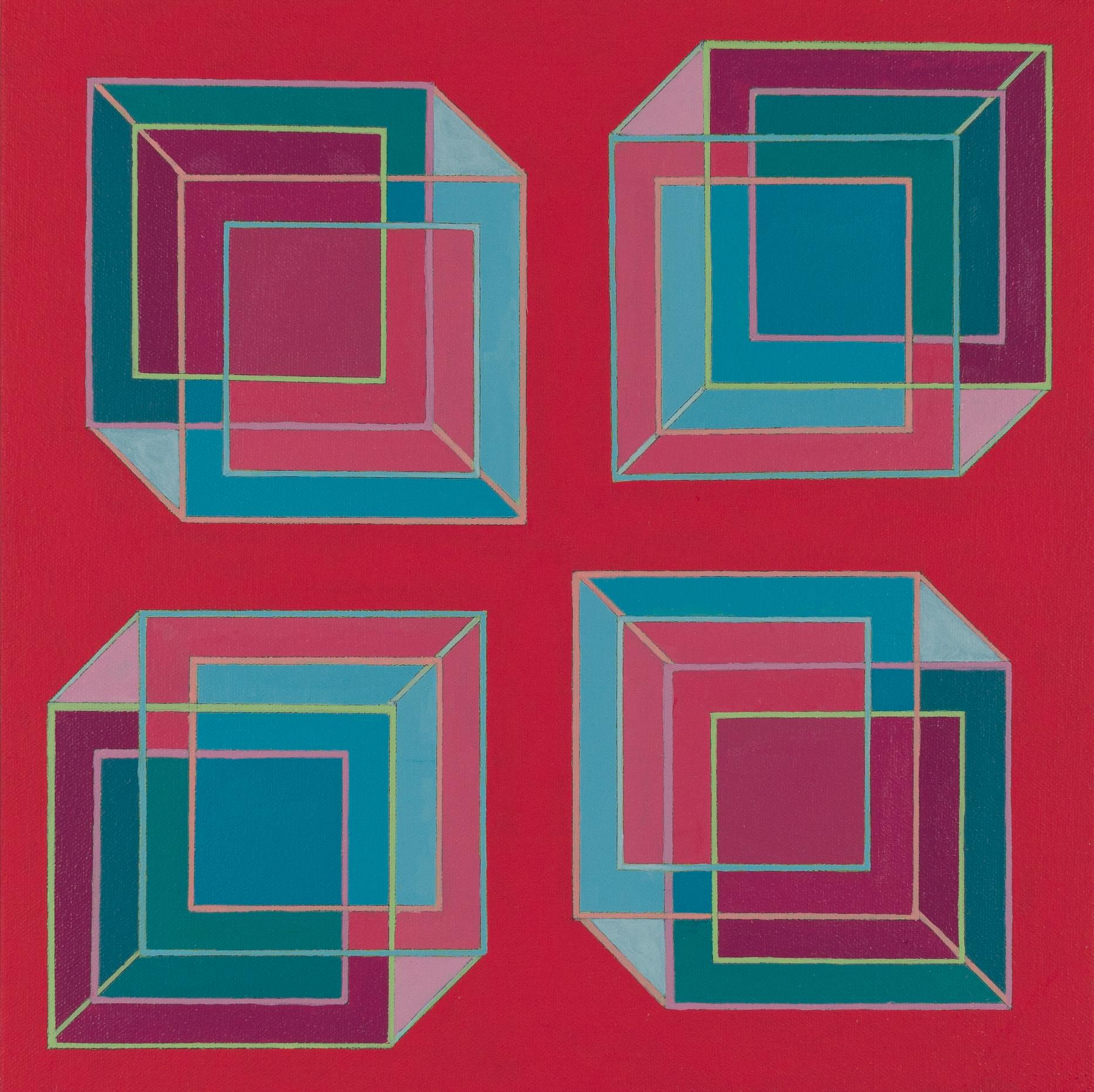 Benjamin Weaver Abstract Painting - Inverse Cubes #4: geometric abstract Pop Art Op Art painting w/ green, blue, red