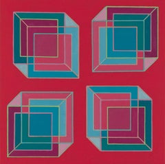 Contemporary geometric abstract Op Art painting w/ green, blue, purple, orange