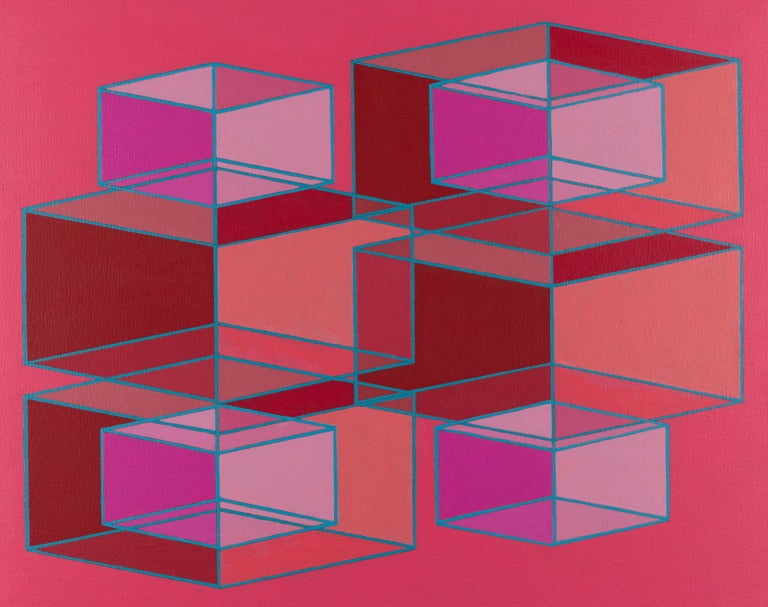 Benjamin Weaver Abstract Painting - Contemporary geometric abstract Op Art painting w/ red & pink cubes on orange