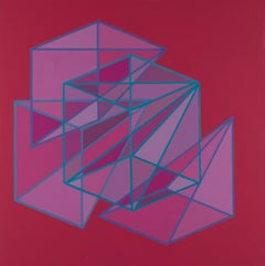 Contemporary geometric abstract painting w/ pink & purple cubes, pyramids on red