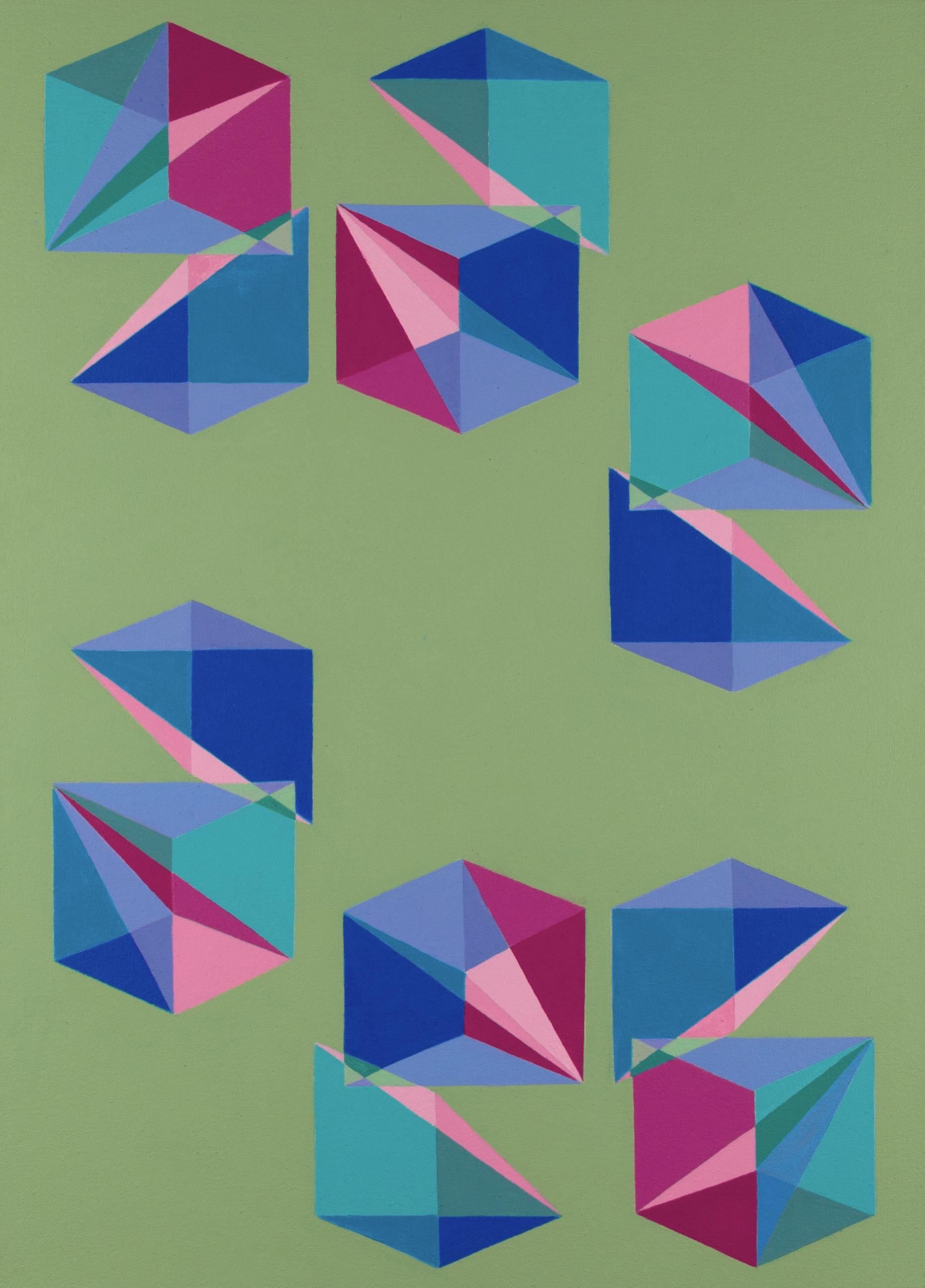 Cubes Divided Equally into Three #10: geometric Op Art abstract painting, pink - Purple Abstract Painting by Benjamin Weaver