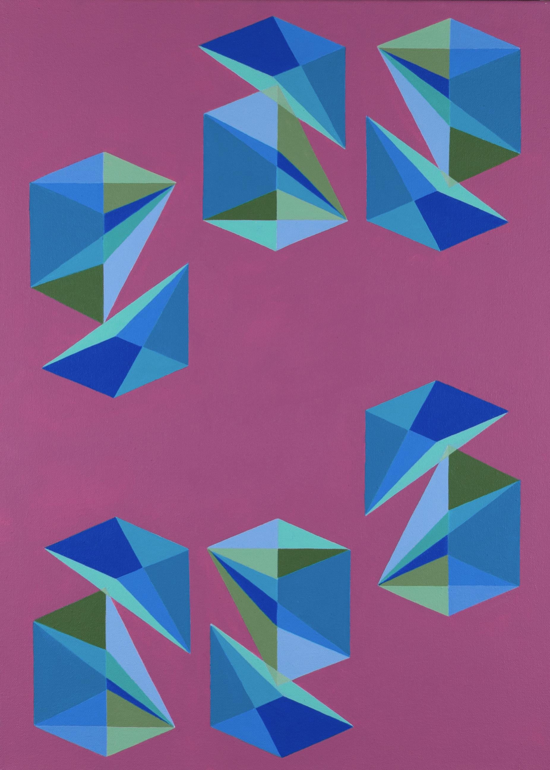 Benjamin Weaver Abstract Painting - Cubes Divided Equally into Three #10: geometric Op Art abstract painting, pink