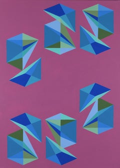 Cubes Divided Equally into Three #10: geometric Op Art abstract painting, pink