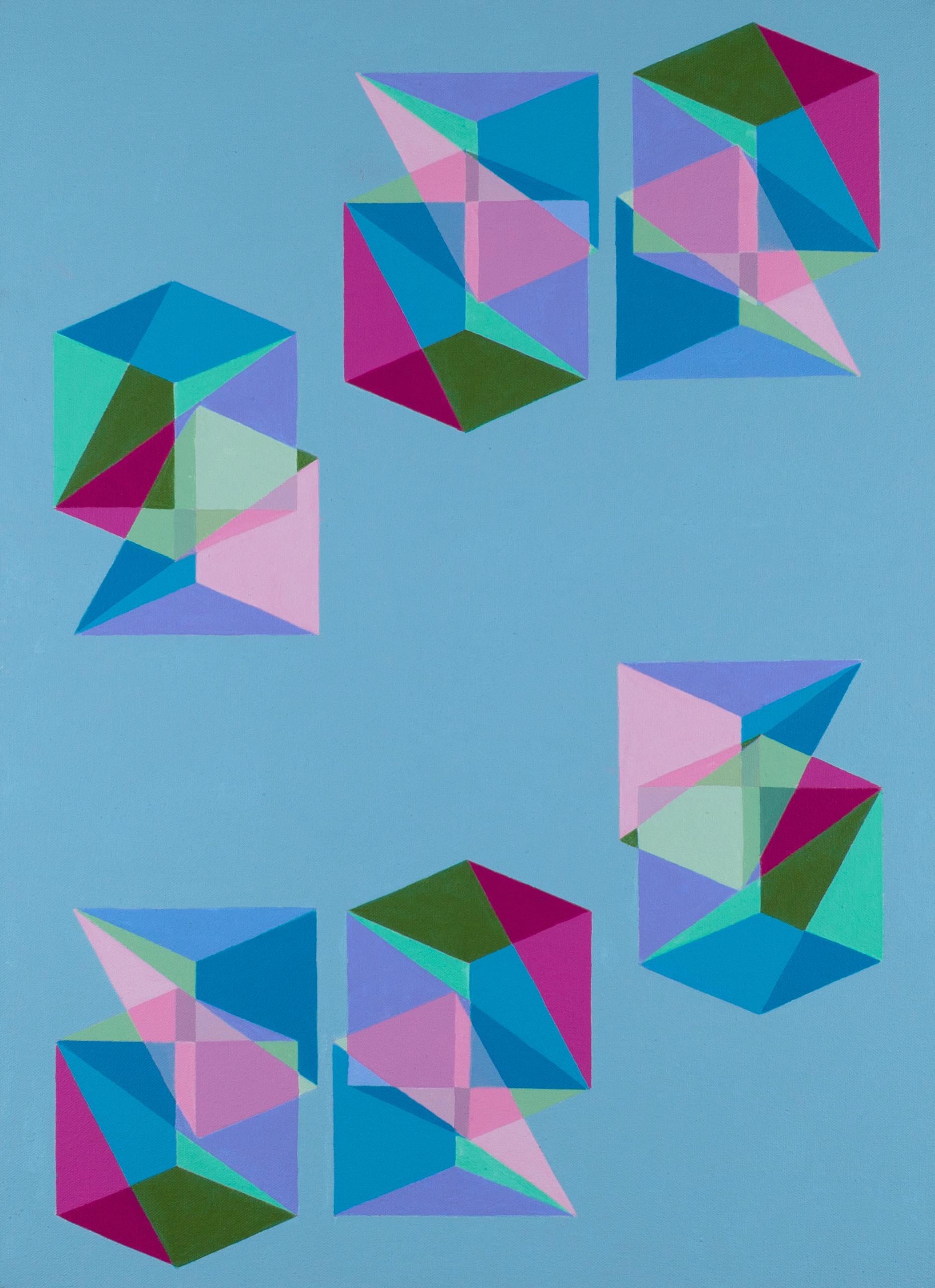 Benjamin Weaver Abstract Painting - Cubes Divided Equally into Three #12: geometric abstract Op Art painting, blue