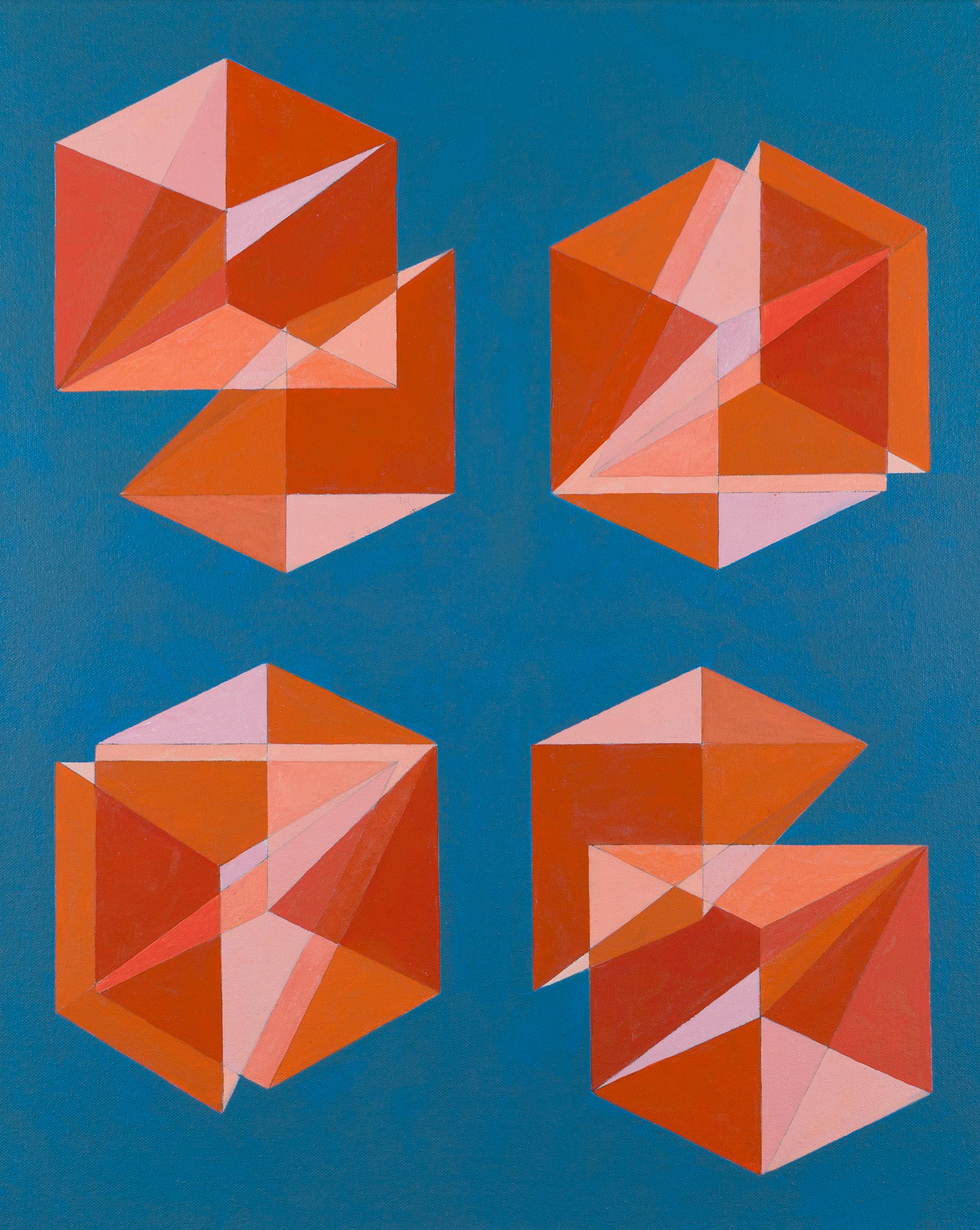 Benjamin Weaver Figurative Painting - Cubes Divided Equally into Three #13: geometric abstract painting w/ pink & blue