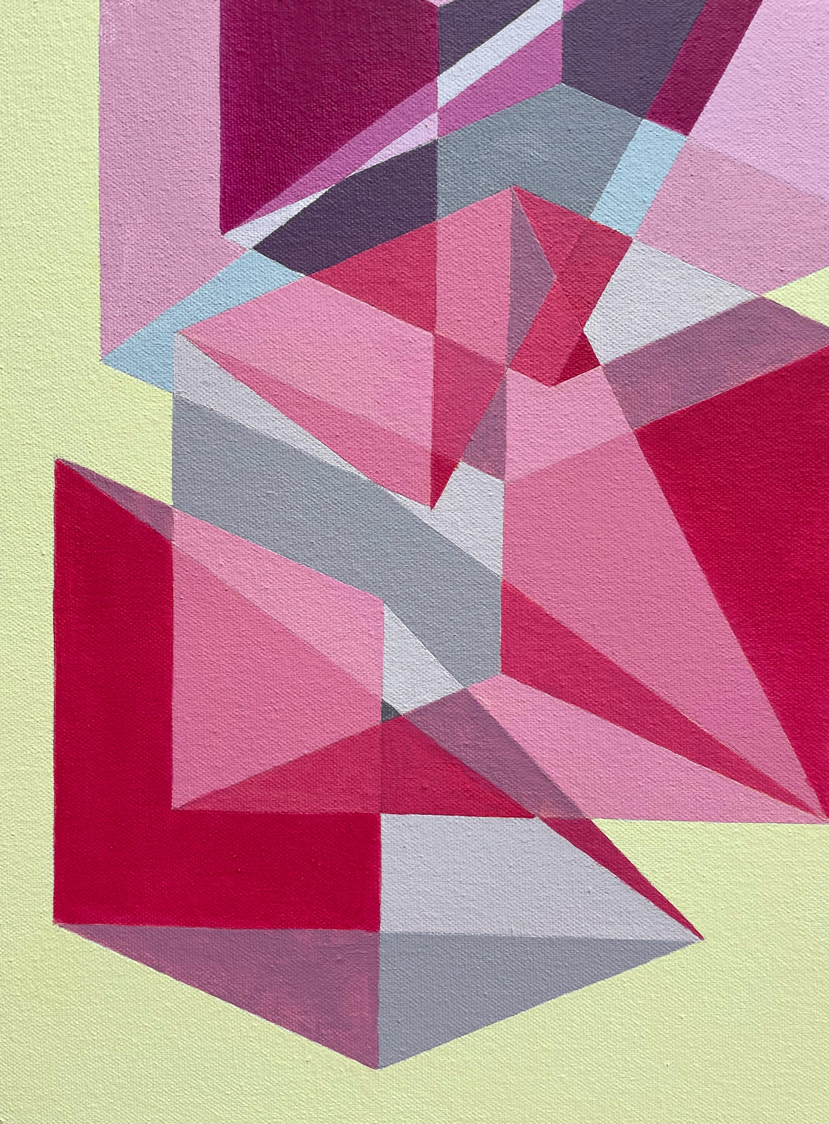 Geometrisches abstraktes Op-Art- Pop-Art-Gemlde in Gelb & Rot mit Wrfeln und Dreiecken – Painting von Benjamin Weaver