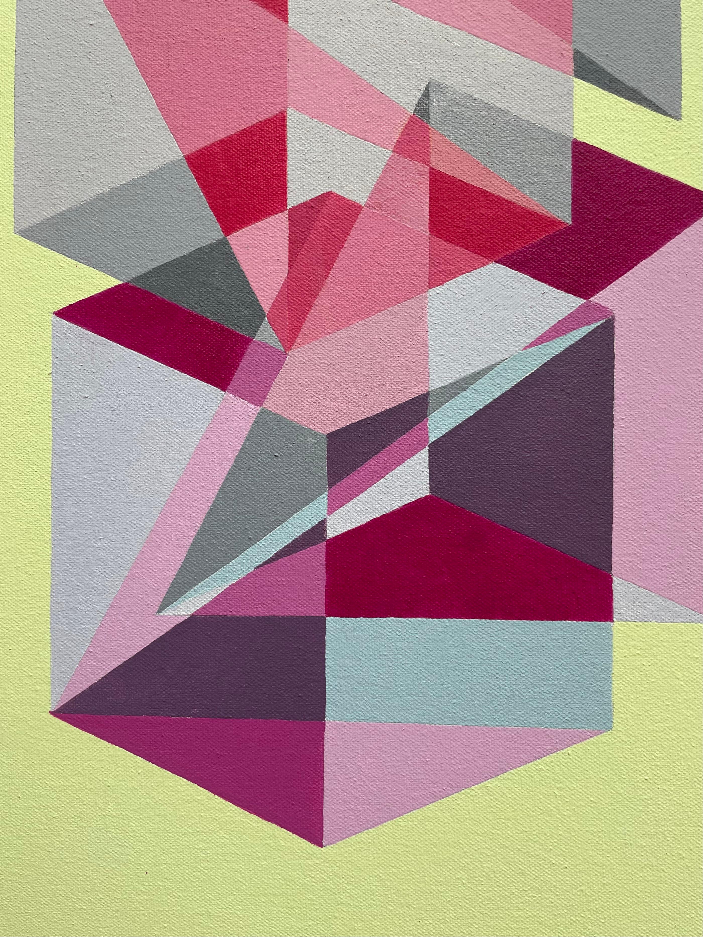Geometrisches abstraktes Op-Art- Pop-Art-Gemlde in Gelb & Rot mit Wrfeln und Dreiecken (Abstrakt), Painting, von Benjamin Weaver