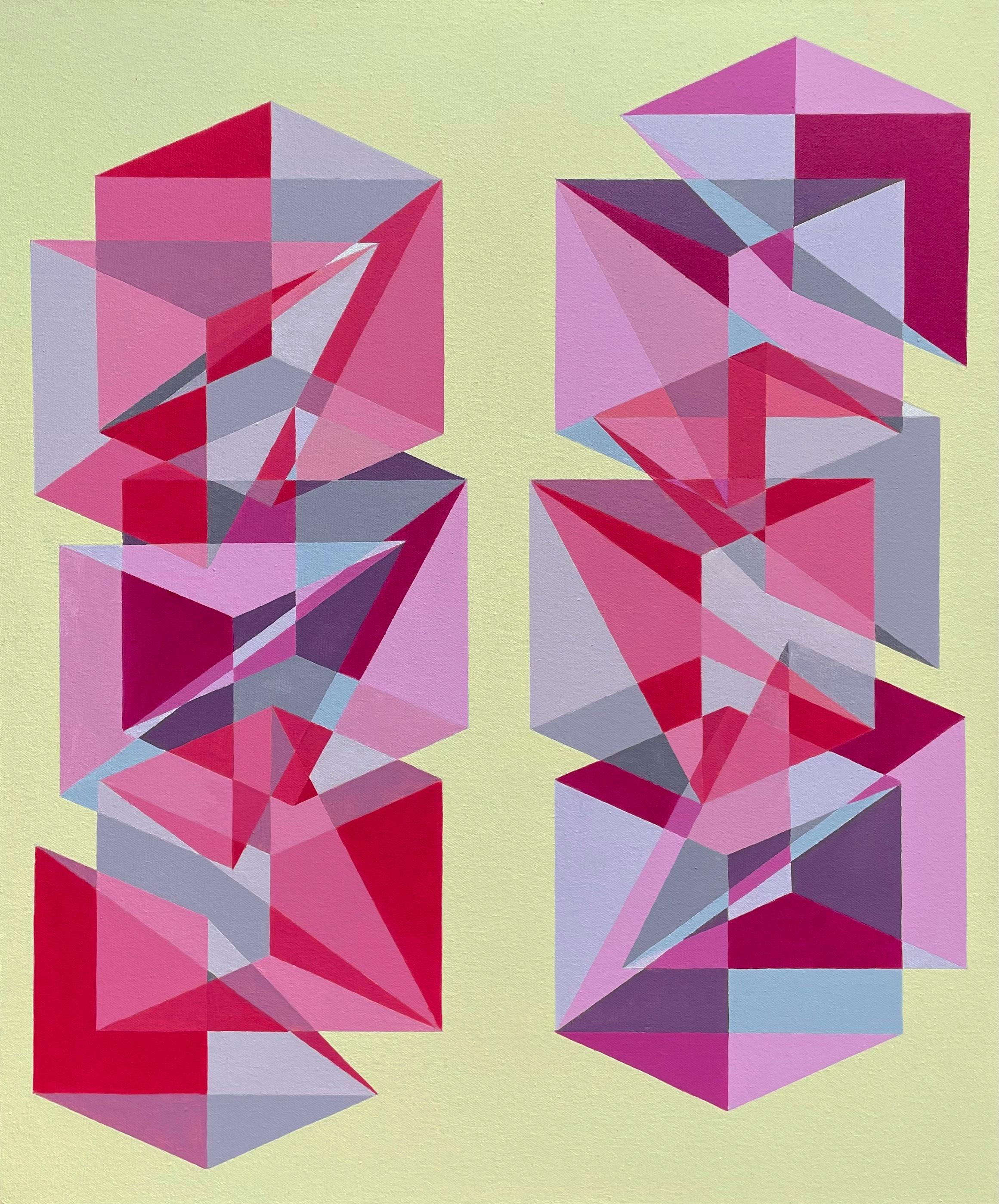 Benjamin Weaver Abstract Painting – Geometrisches abstraktes Op-Art- Pop-Art-Gemlde in Gelb & Rot mit Wrfeln und Dreiecken
