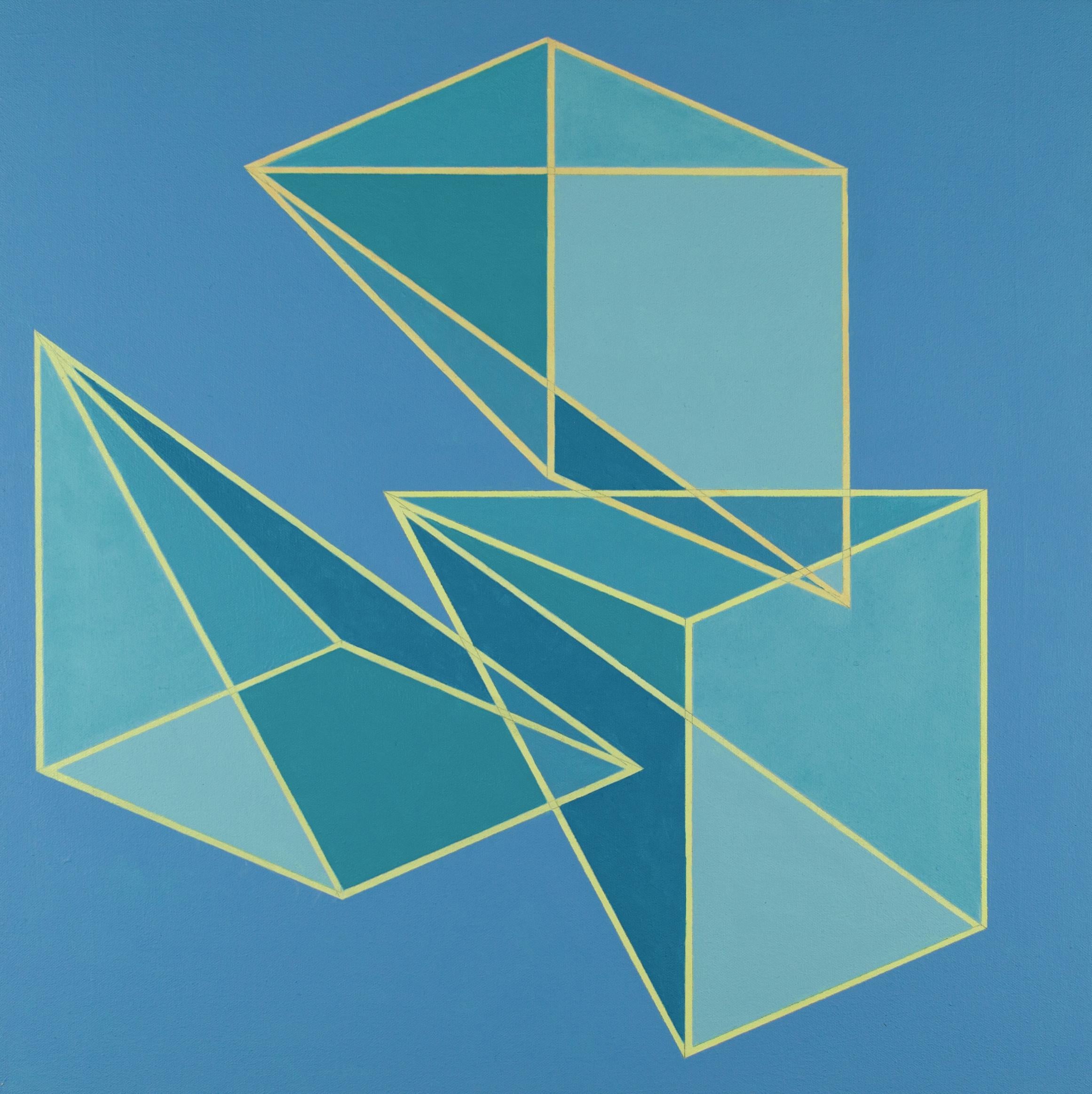 Benjamin Weaver Abstract Painting - Geometric abstract Op Art Pop Art painting in blue & green w/ triangles & cubes