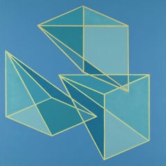 Geometric abstract Op Art Minimalist painting w/ blue & green triangles & cubes
