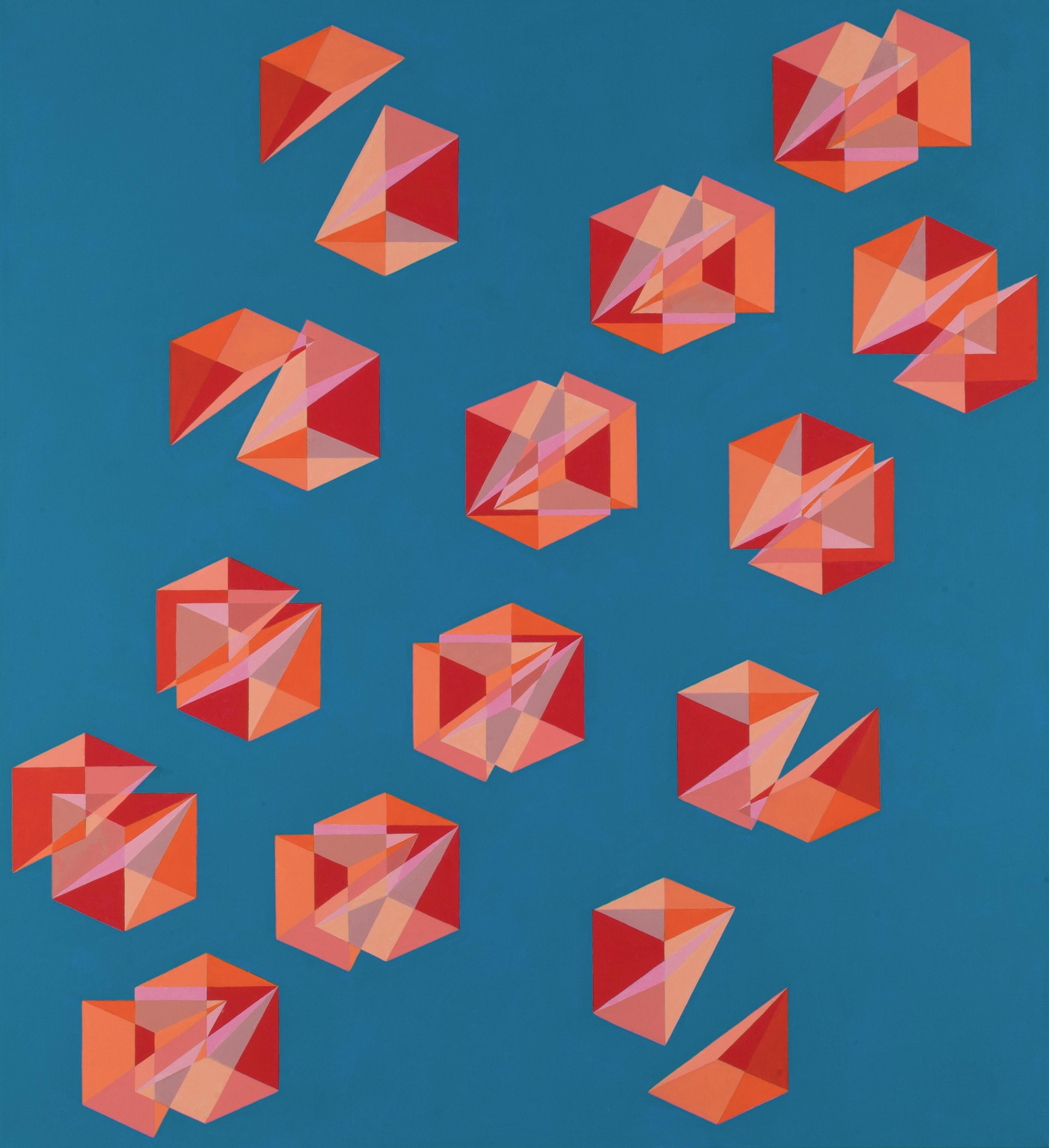 Benjamin Weaver Abstract Painting - Cubes Divided Equally into Three #2: geometric abstract painting w/ blue & pink