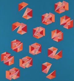 Cubes Divided Equally into Three #2: geometric abstract painting w/ blue & pink