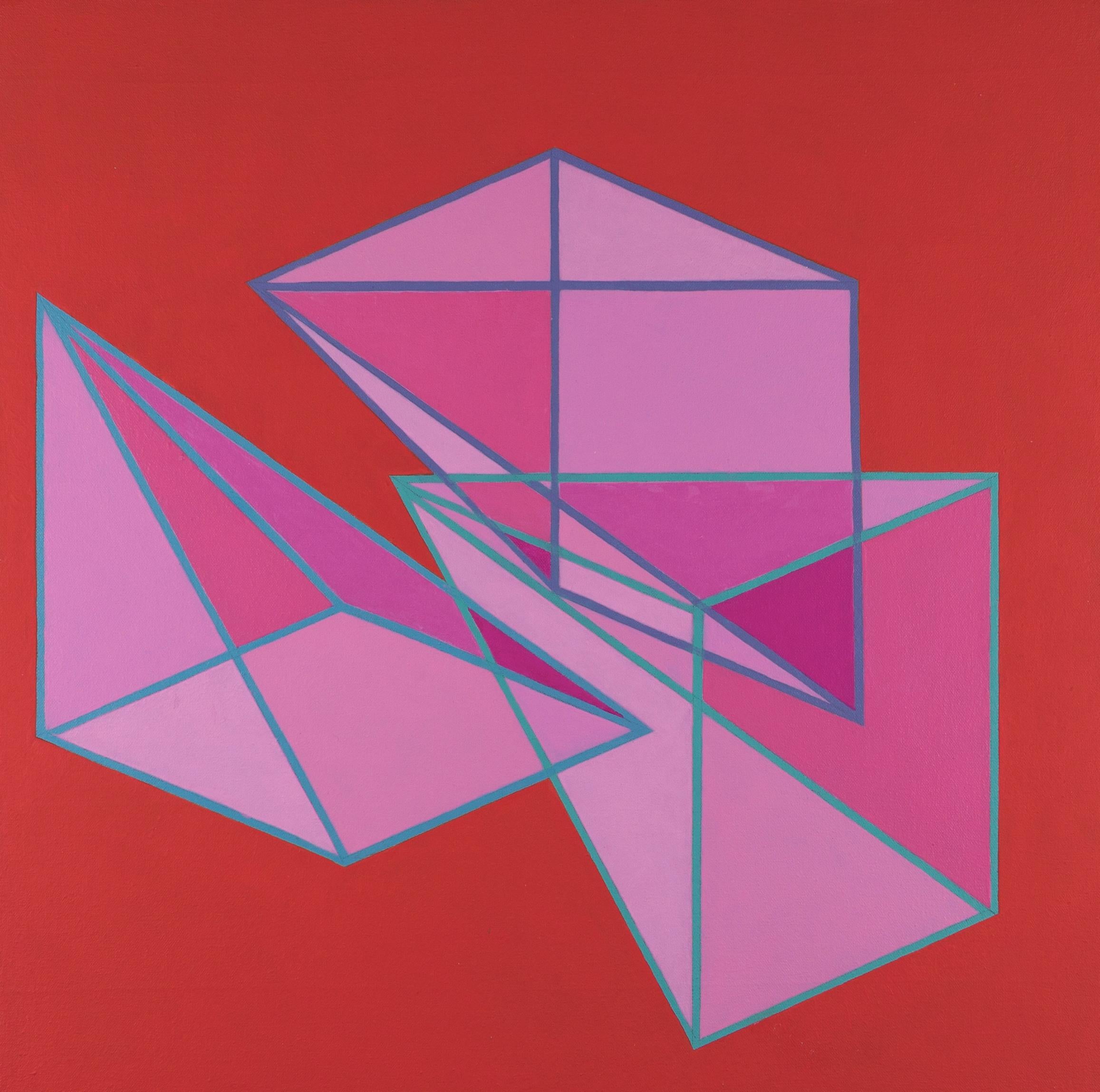 Benjamin Weaver Figurative Painting - Geometric abstract Op Art Pop Art painting in orange & red w/ triangles & cubes