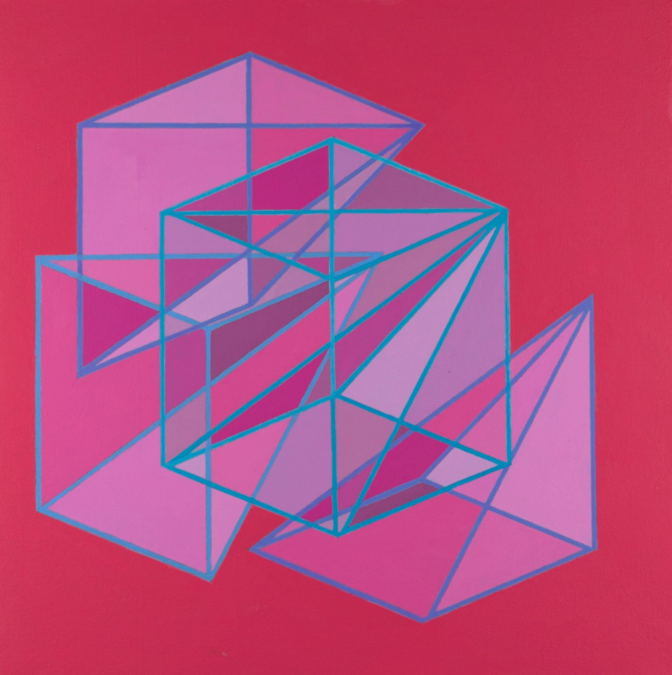 Benjamin Weaver Abstract Painting - Geometric abstract Op Art Pop Art painting in pink & red w/ cubes & triangles