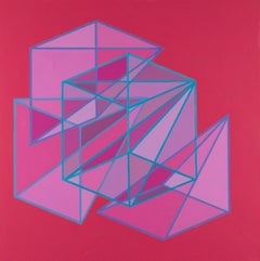 Geometric abstract Op Art Pop Art painting in pink & red w/ cubes & triangles