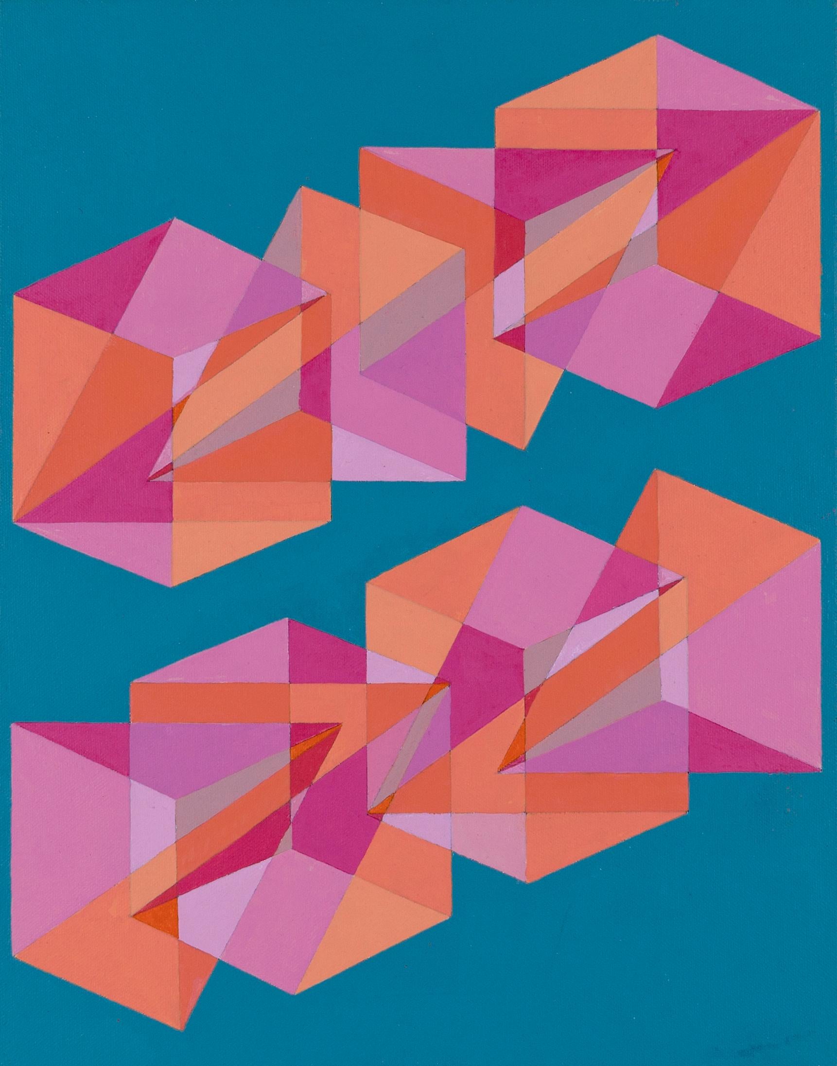 Cubes Divided Equally in Three #6: abstraktes geometrisches Gemälde mit rosa und blauen Würfeln