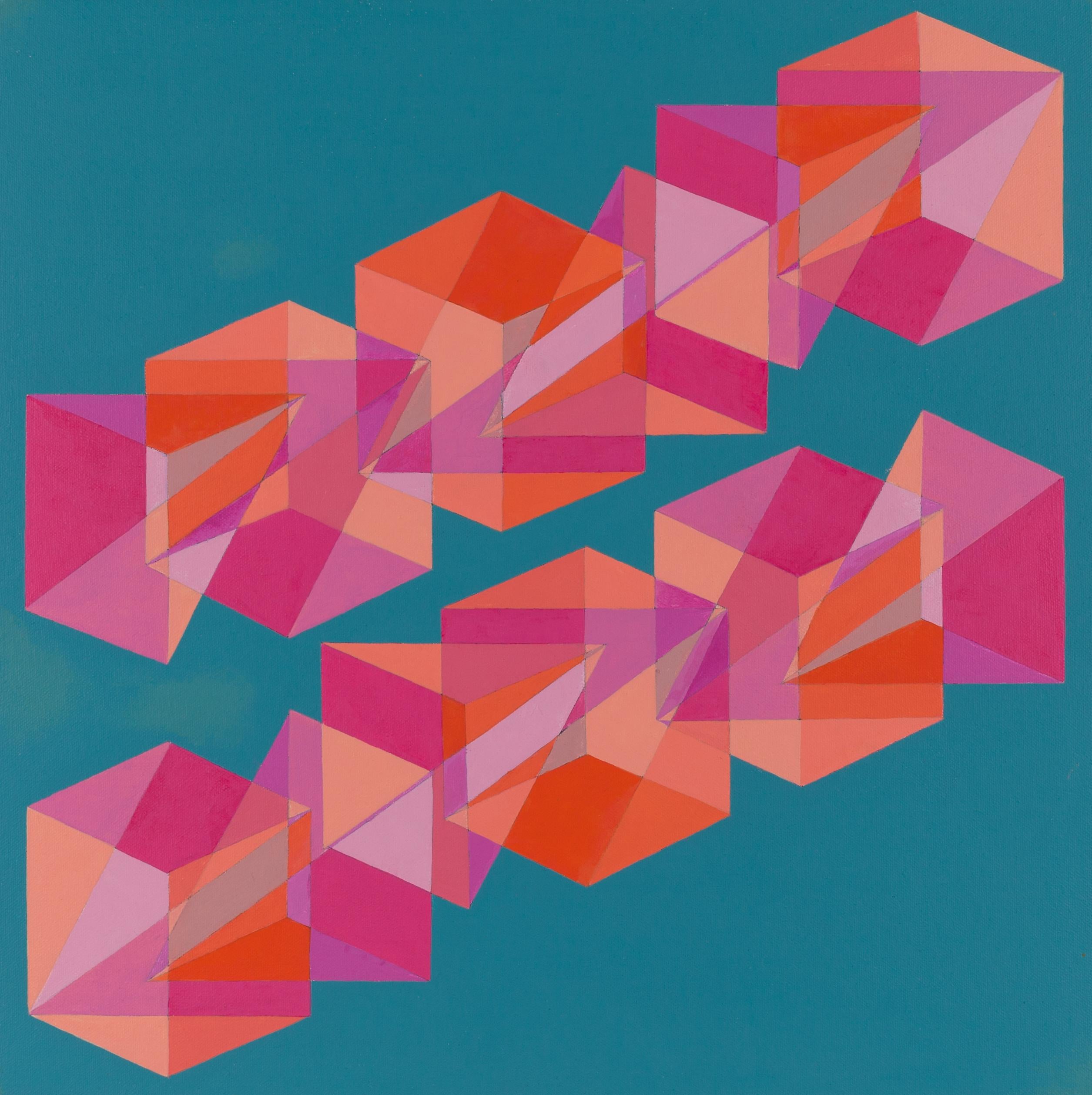 Cubes Divided Equally into Three: geometric abstract painting: blue pink orange