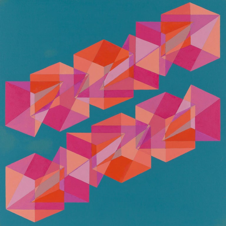 Benjamin Weaver Abstract Painting - Cubes Divided Equally into Three: geometric abstract painting: blue pink orange