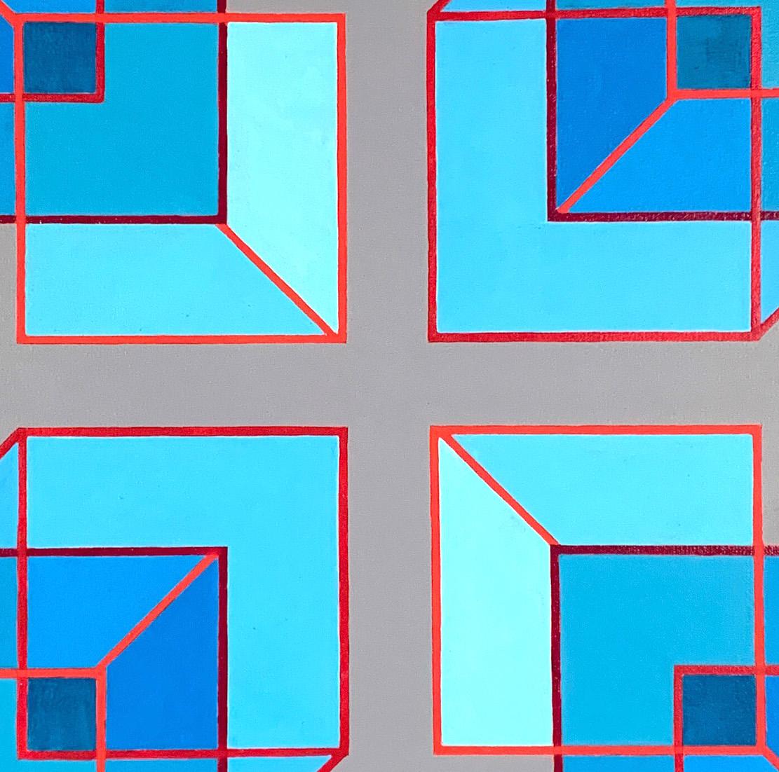 Expanded Cubes #1: geometric abstract Op Art Pop Art painting, blue, red & gray - Painting by Benjamin Weaver