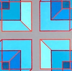 Expanded Cubes #1: geometric abstract Op Art Pop Art painting, blue, red & gray