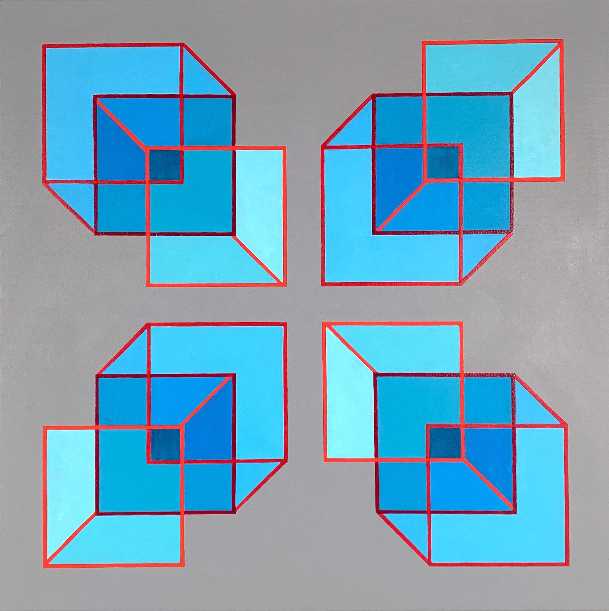 Benjamin Weaver Abstract Painting - Expanded Cubes #1: geometric abstract Op Art Pop Art painting, blue, red & gray