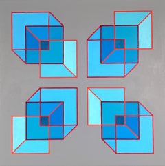 Expanded Cubes #1: geometric abstract Op Art Pop Art painting, blue, red & gray