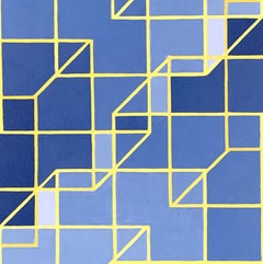 Expanded Cubes #2: geometric abstract Op Art painting w/ blue, green, yellow