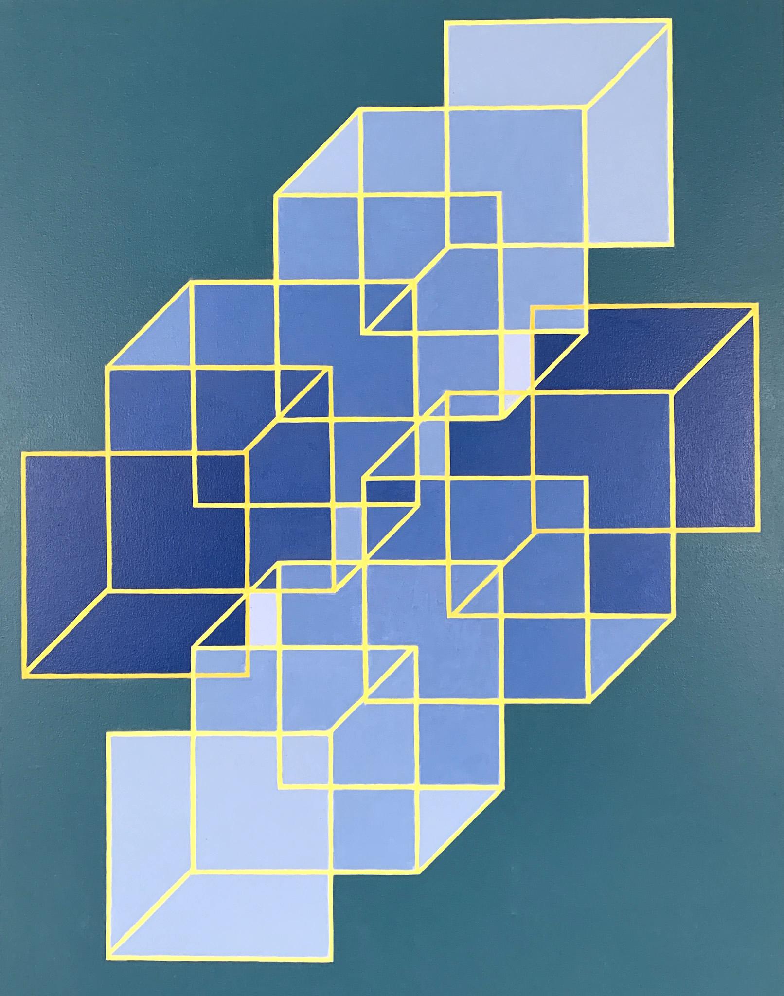 Benjamin Weaver Abstract Painting - Expanded Cubes #2: geometric abstract Op Art painting w/ blue, green, yellow
