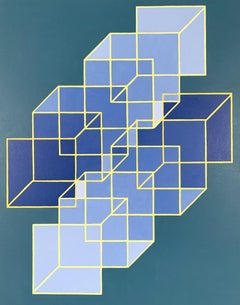 Expanded Cubes #2: geometric abstract Op Art painting w/ blue, green, yellow