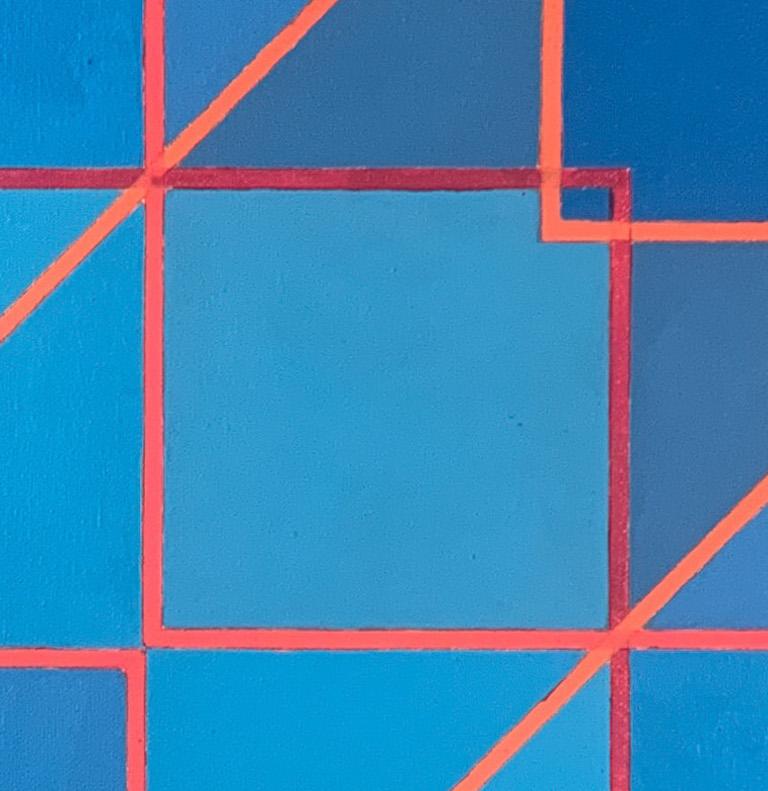 Expanded Cubes #4: geometric abstract Op Art painting in blue, gray w/ red lines - Painting by Benjamin Weaver