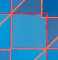 Cubi espansi #4: pittura geometrica astratta Op Art in blu, grigio con linee rosse