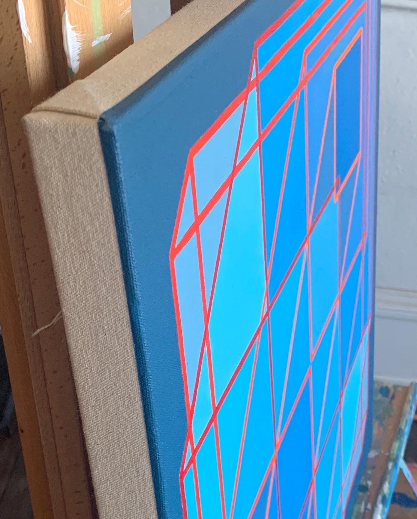 Expanded Cubes #4: geometric abstract Op Art painting in blue, gray w/ red lines - Abstract Painting by Benjamin Weaver