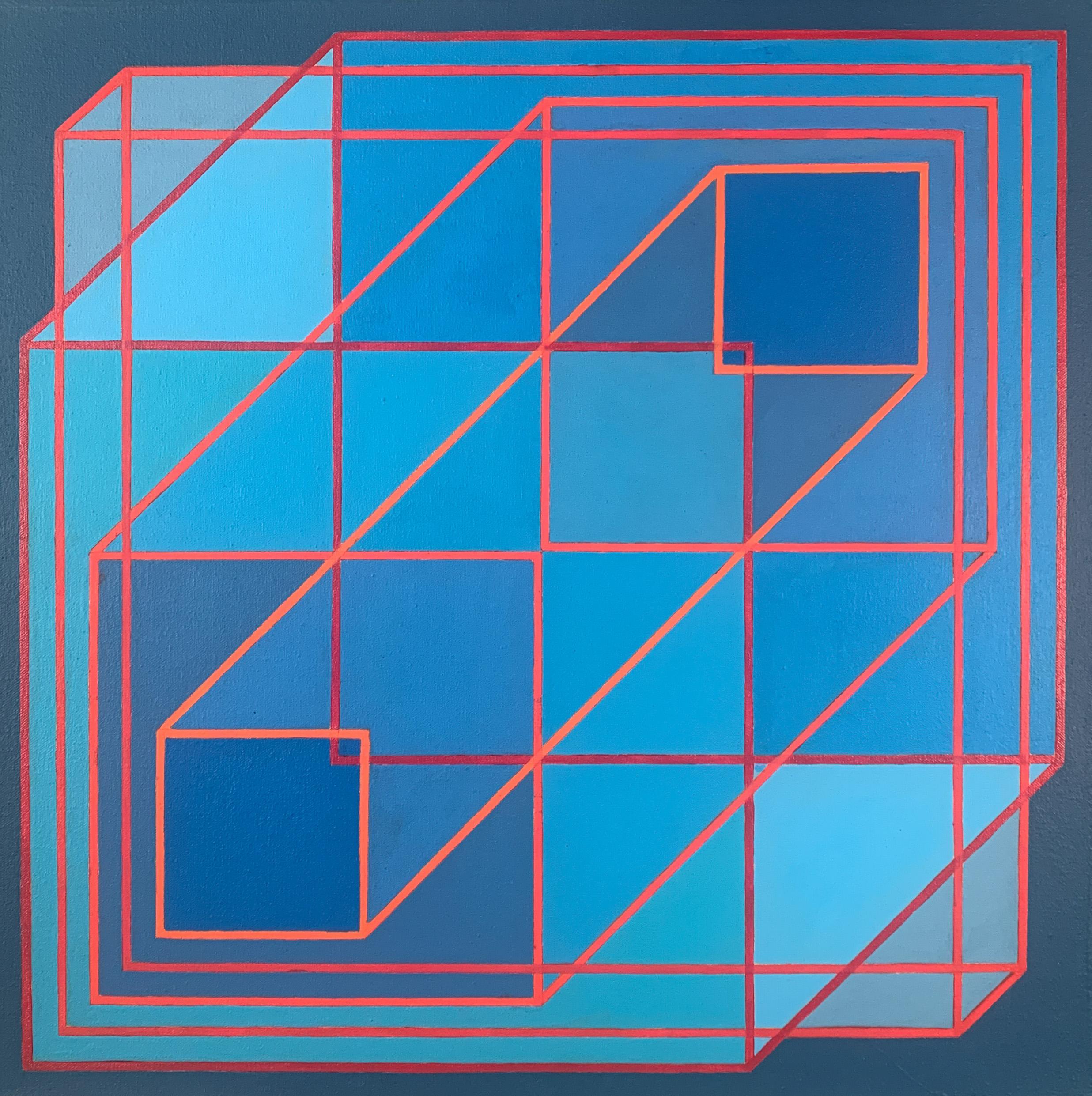 Benjamin Weaver Abstract Painting - Expanded Cubes #4: geometric abstract Op Art painting in blue, gray w/ red lines