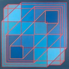 Expanded Cubes #4: geometric abstract Op Art painting in blue, gray w/ red lines