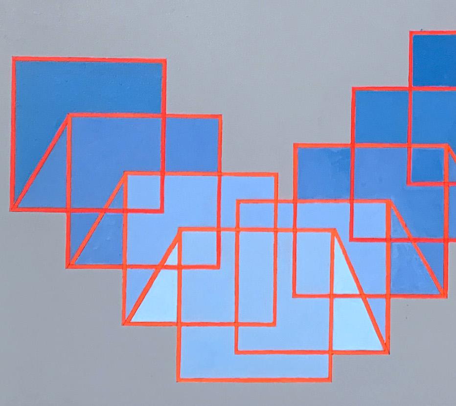 Expansion/Contraction #20: geometric abstract Op Art painting, blue, red, gray - Painting by Benjamin Weaver