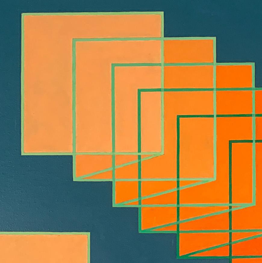 Expansion/Contraction #21: geometric abstract Op Art painting, blue-green orange - Painting by Benjamin Weaver