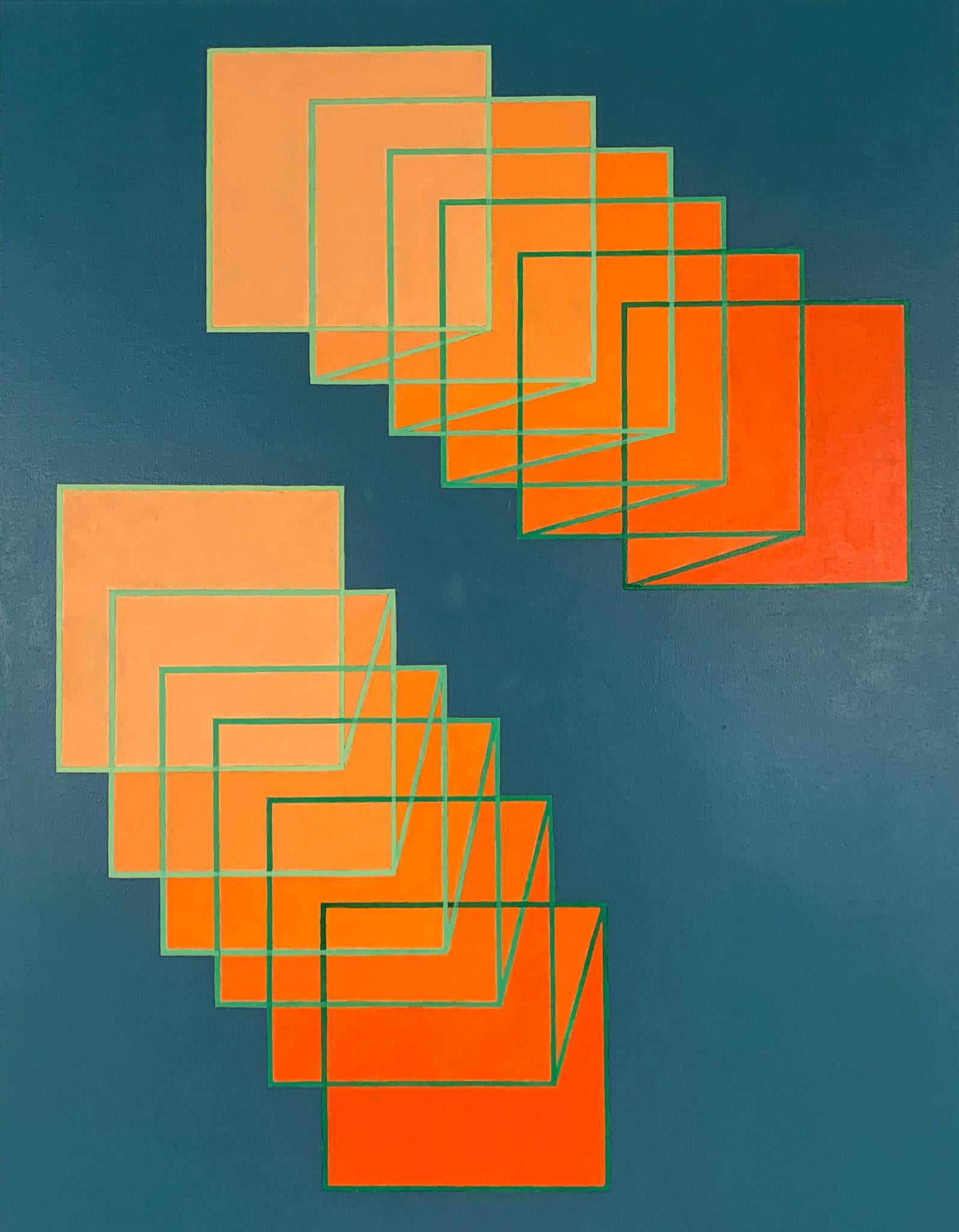 Benjamin Weaver Abstract Painting - Expansion/Contraction #21: geometric abstract Op Art painting, blue-green orange