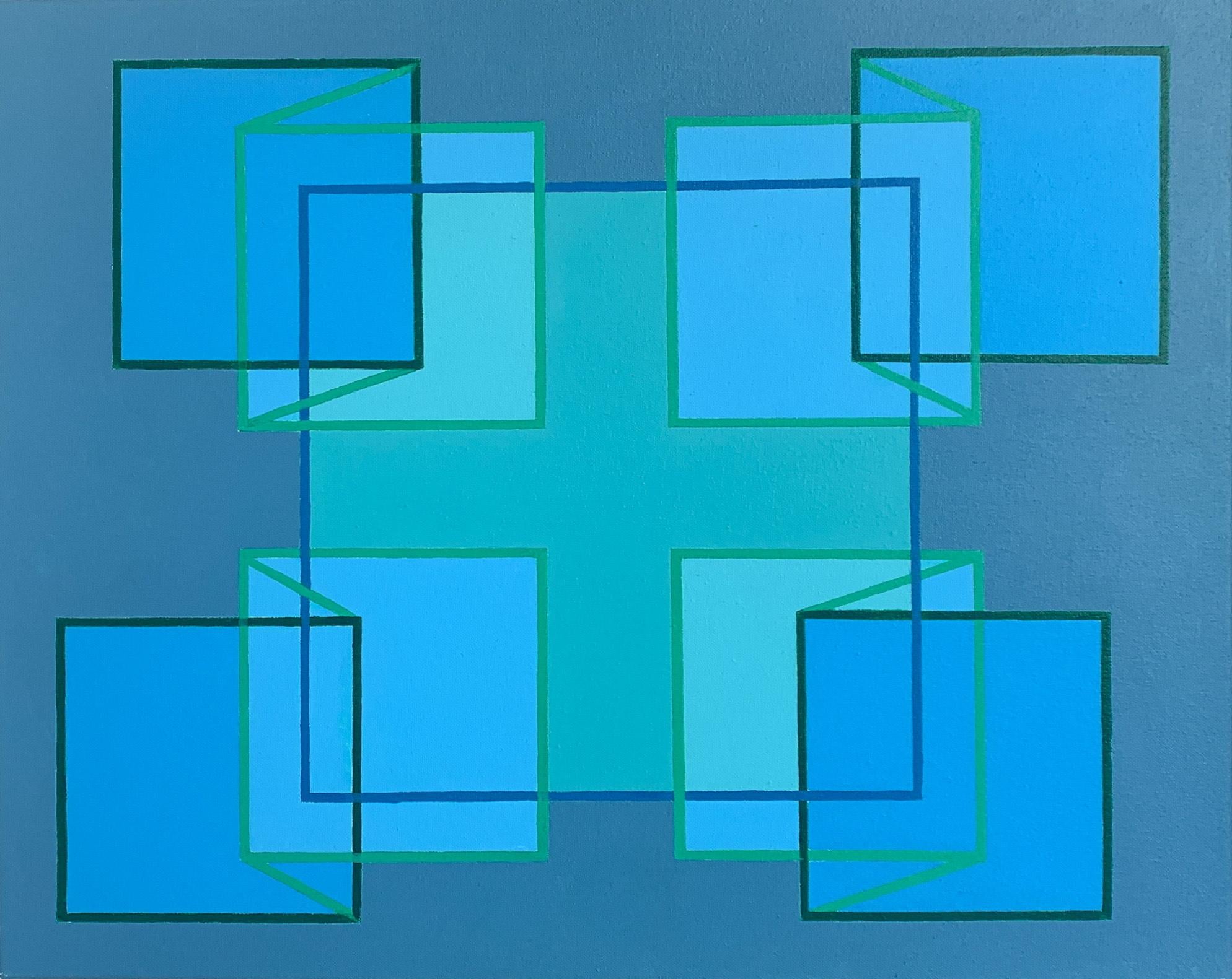 Expansion/Contraction #22: geometric abstract Op Art painting, blue green square