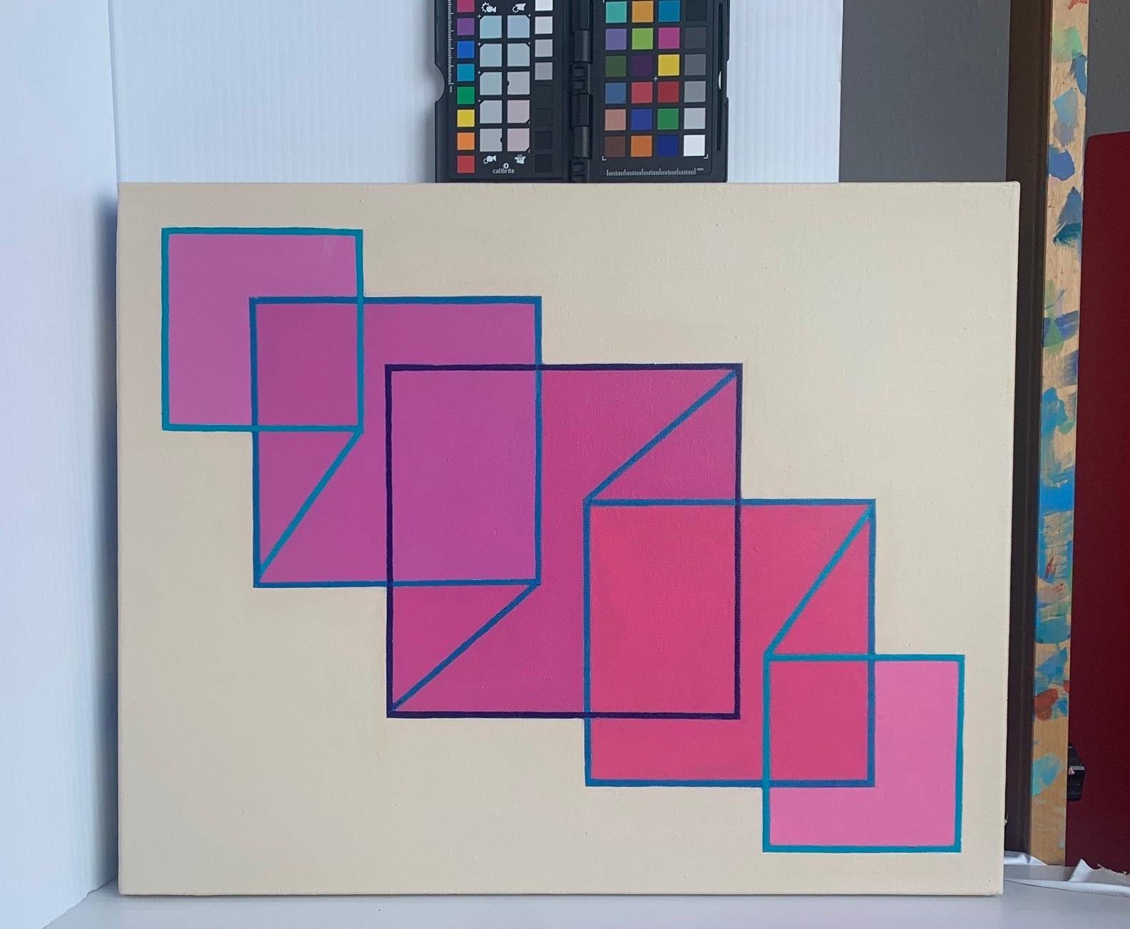 Expansion/Contraction #23: geometric abstract Op Art painting, pink squares - Painting by Benjamin Weaver