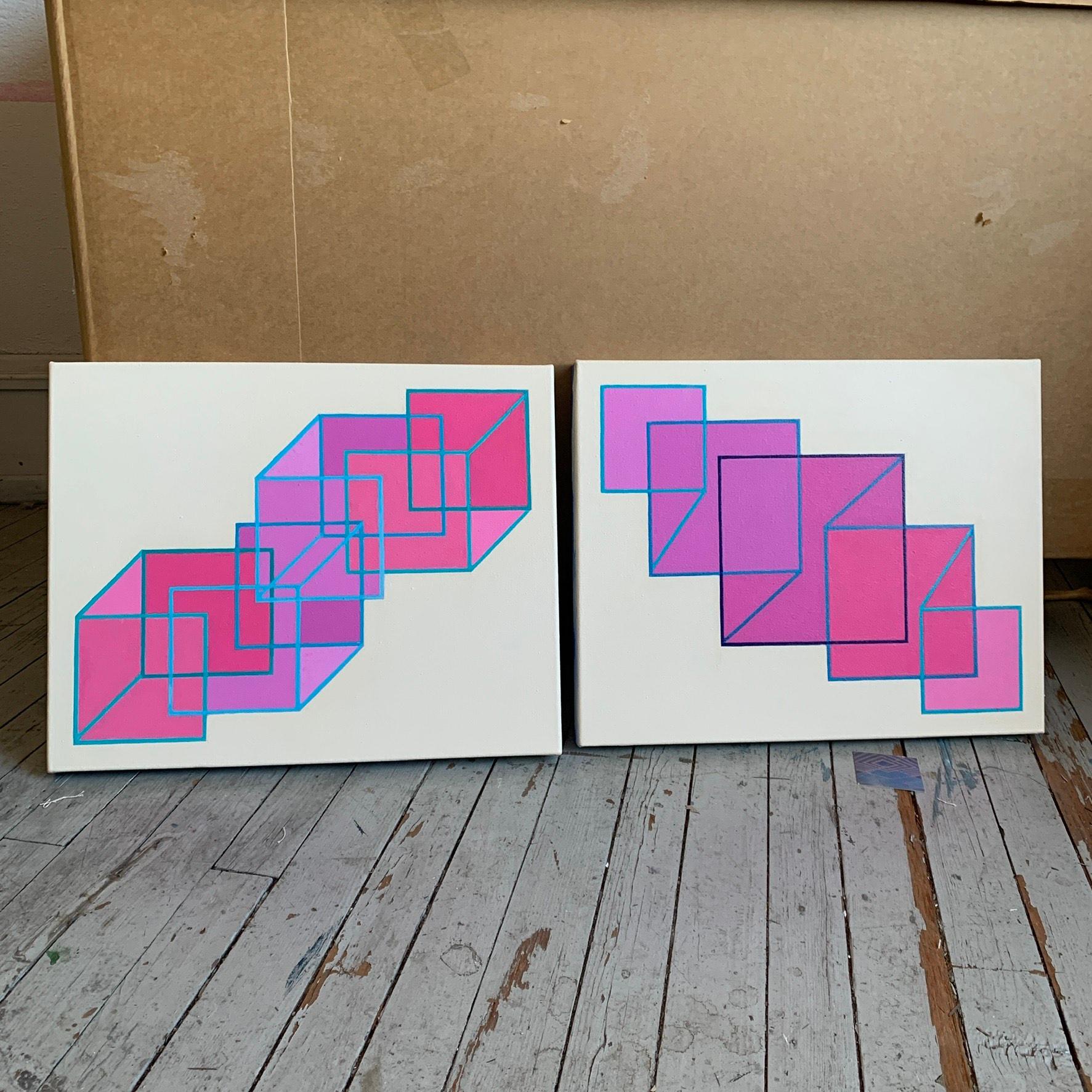 Expansion/Contraction #23: geometric abstract Op Art painting, pink squares - Abstract Painting by Benjamin Weaver