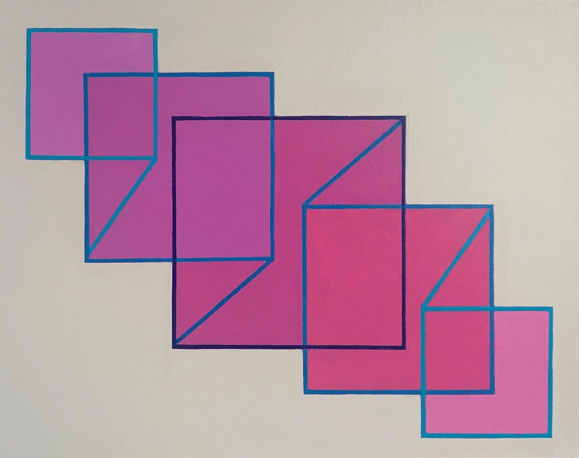 Abstract Painting Benjamin Weaver - Expansion/Contraction n° 23 : peinture géométrique abstraite Op Art, carrés roses