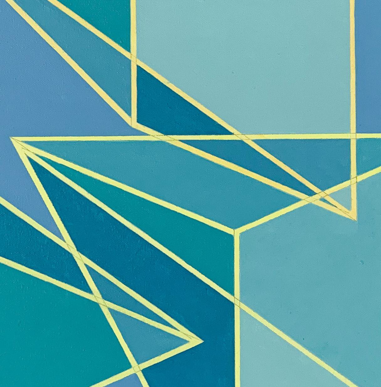 Geometric abstract Op Art Pop Art painting in blue & green w/ triangles & cubes - Painting by Benjamin Weaver