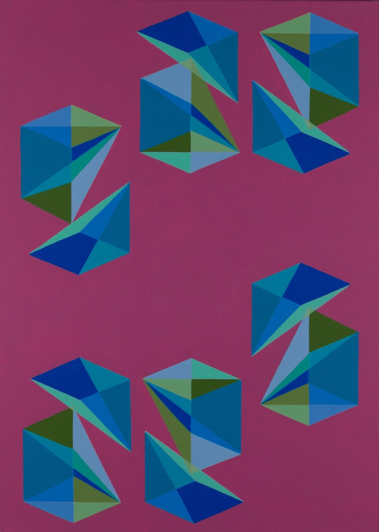 Geometric abstract Op Art painting w/ blue, green & pink cubes & pyramids For Sale 1