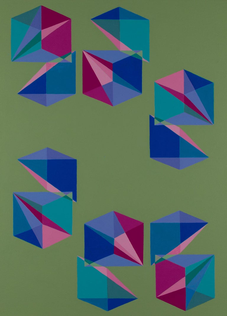 Geometric abstract Op Art painting w/ blue, green & pink cubes & pyramids For Sale 2