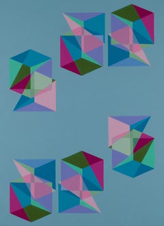 Geometric abstract Op Art painting w/ blue, green & pink cubes & pyramids