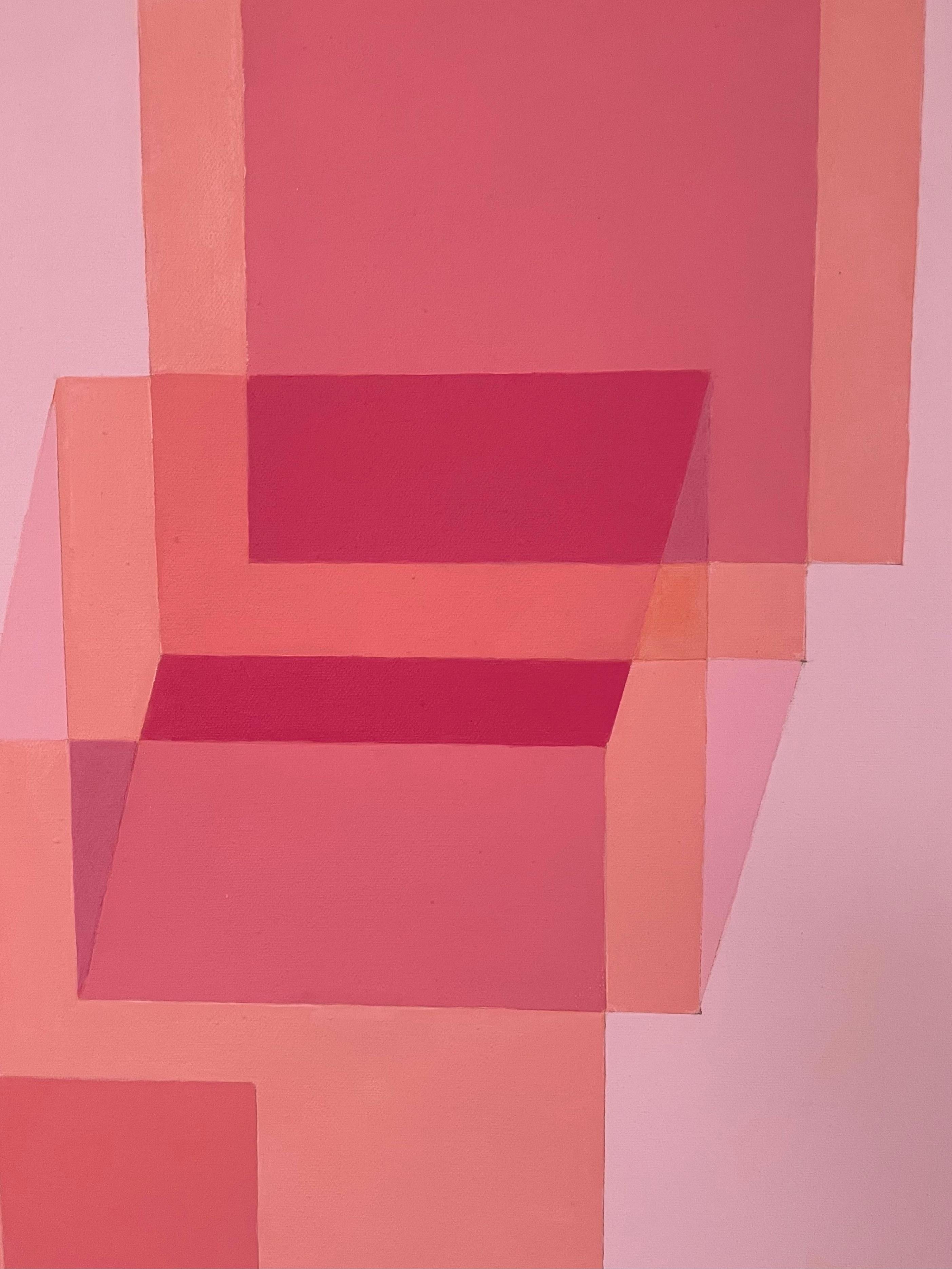 Pink Construct: geometric abstract Op Art painting w/ peach & magenta squares - Painting by Benjamin Weaver