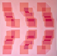 Geometric abstract Op Art Pop Art painting w/ pink, peach & magenta squares