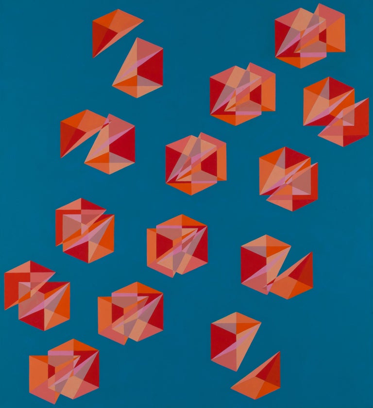 Benjamin Weaver Abstract Painting - Geometric abstract painting w/ blue, red, pink & orange cubes & pyramids