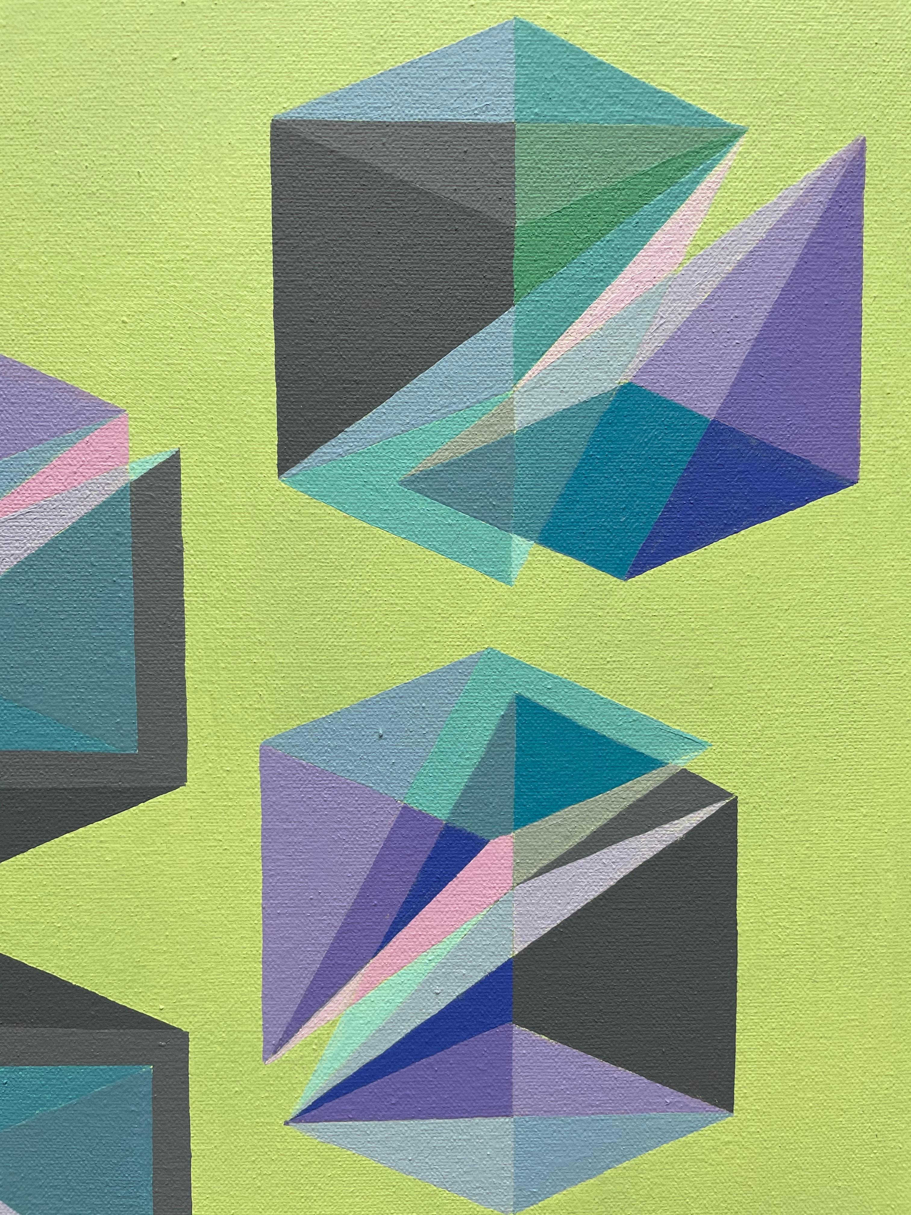 Geometric abstract Op Art Pop Art painting in green, blue  & purple w/ triangles - Painting by Benjamin Weaver